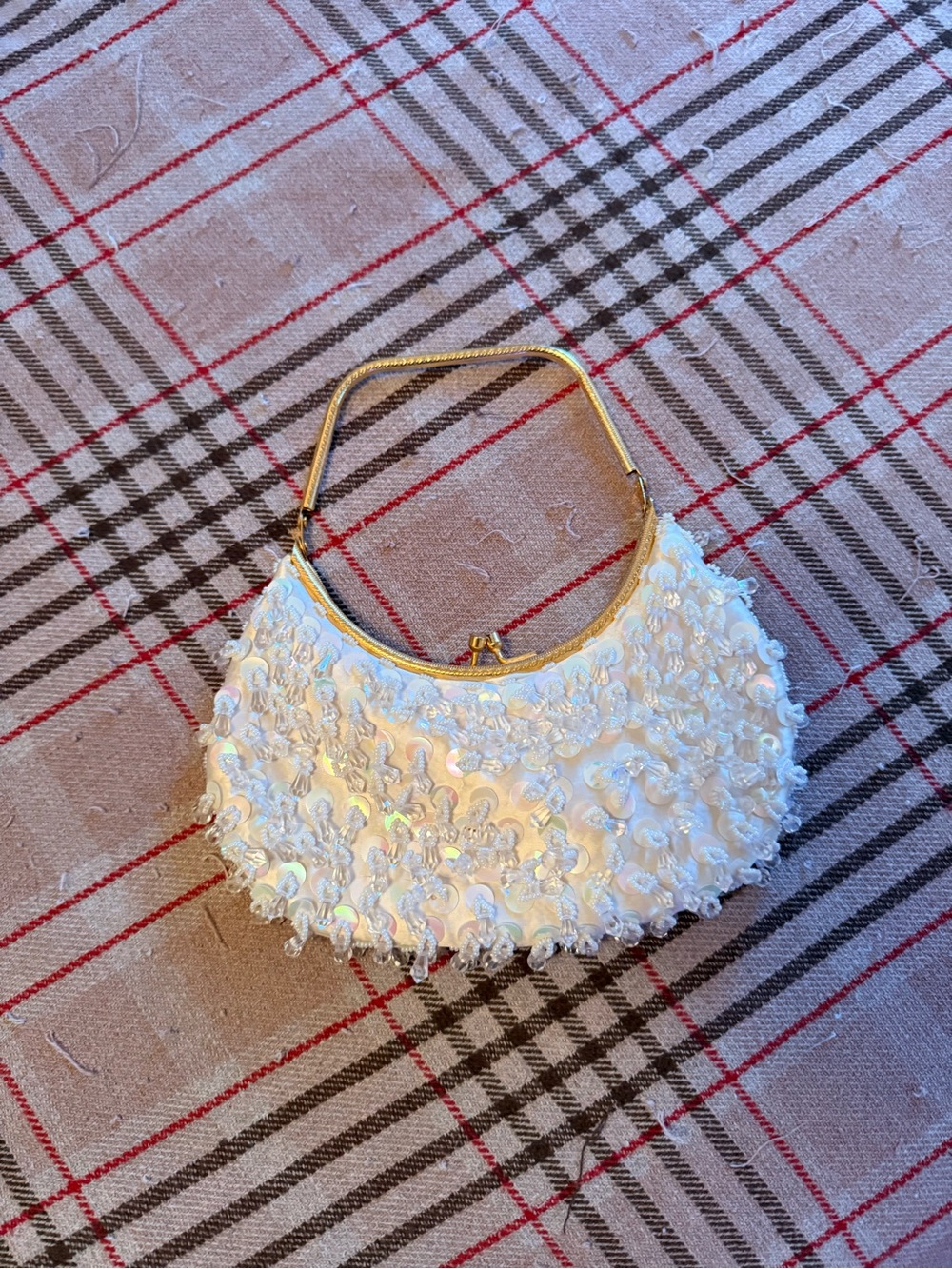 Ivory Sequin Handbag with Gold Frame